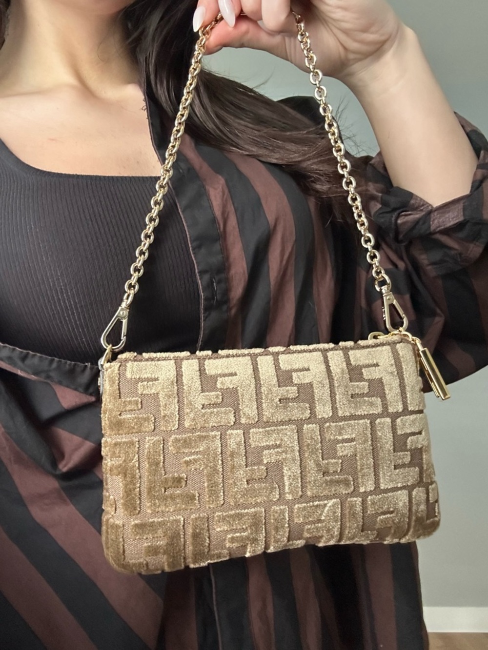 Fendi Gold-Tone Beige FF Mini Chain Bag - Picture 6 of 6